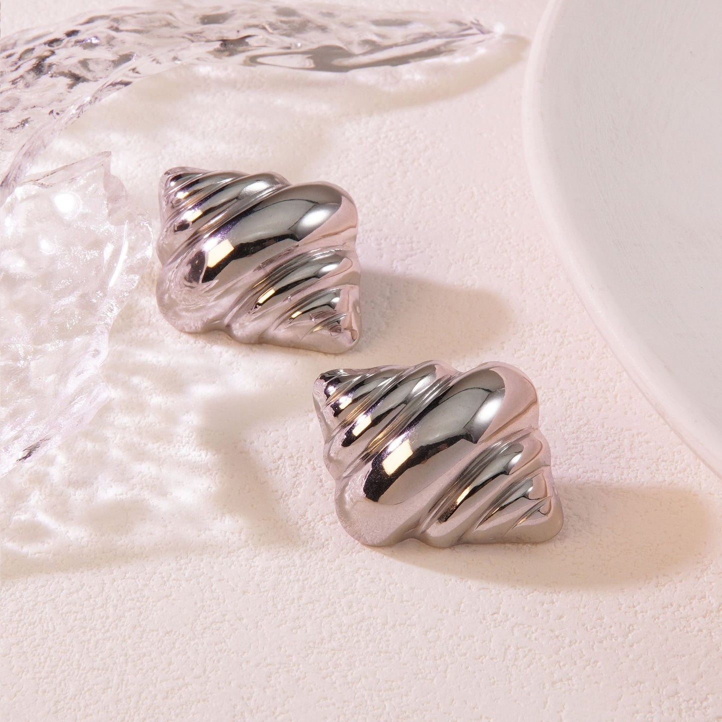 Geometric Hammered Plated Titanium Steel Croissant Ice Cream Stud Earrings for Women