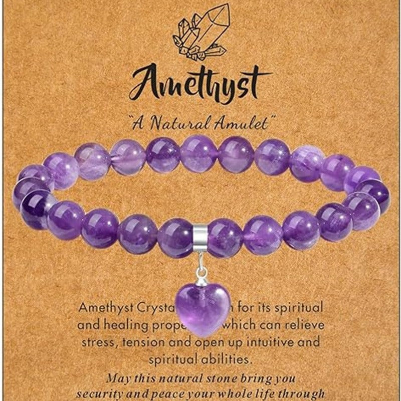 Minimalist Natural Stone Beaded Bracelet with Heart Pendant Unisex Elastic Stretch Bangle