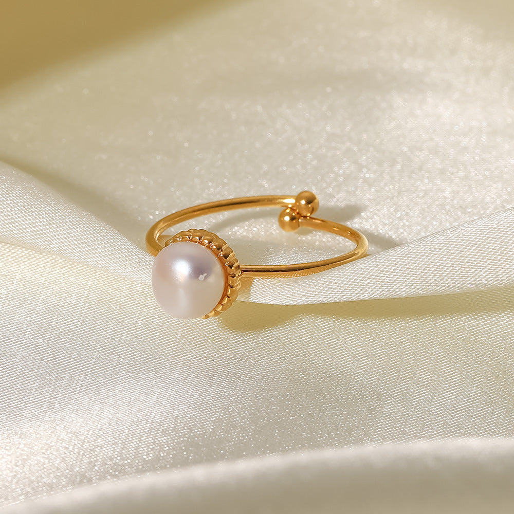 Anello Regolabile in Acciaio Inossidabile con Perle d'Acqua Dolce e Design Geometrico Placcato Oro 18K da Donna