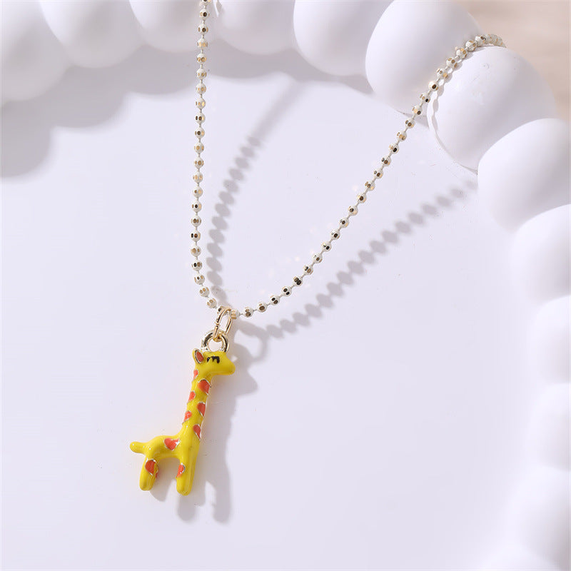 Cute Giraffe Pendant Necklace for Girls with Bowknot Design, Glass Bead Accents, Alloy Charm, Sweet Floral Pattern, Adjustable Length Chain