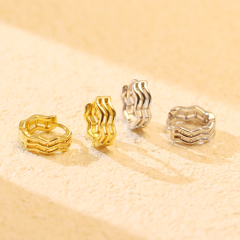 Pendientes de aro minimalistas de plata de ley 925 con línea ondulada geométrica para mujer