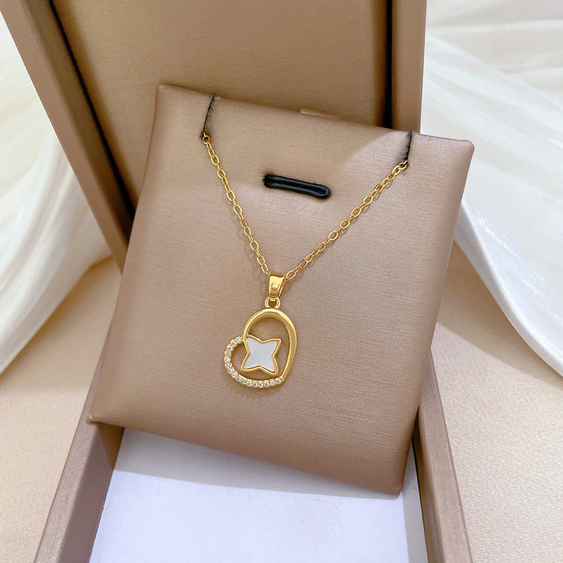 Collana con ciondolo a cuore e stella minimalista da donna, catena in acciaio inossidabile con intarsio di strass, elegante gioiello per clavicola