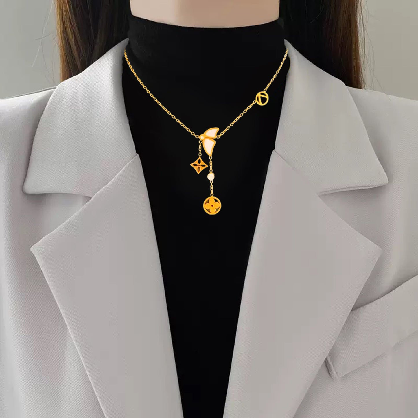 Sweet Sporty Butterfly Rhinestone Inlaid Titanium Steel Necklace with Cable Chain