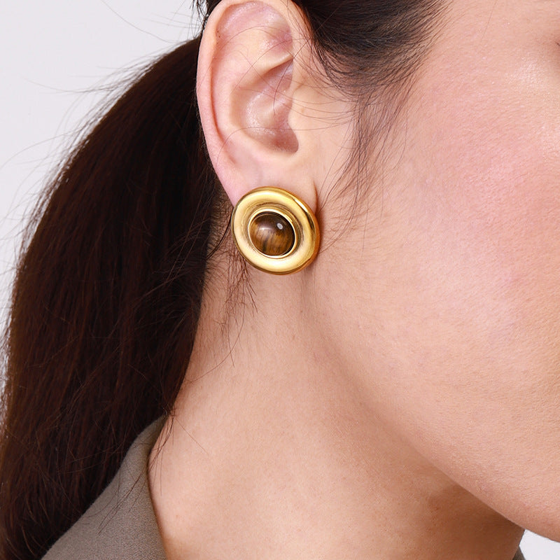 Orecchini a perno geometrici in acciaio inossidabile con finitura galvanica per donna, stile di tendenza per l'ufficio, con pietra occhio di tigre