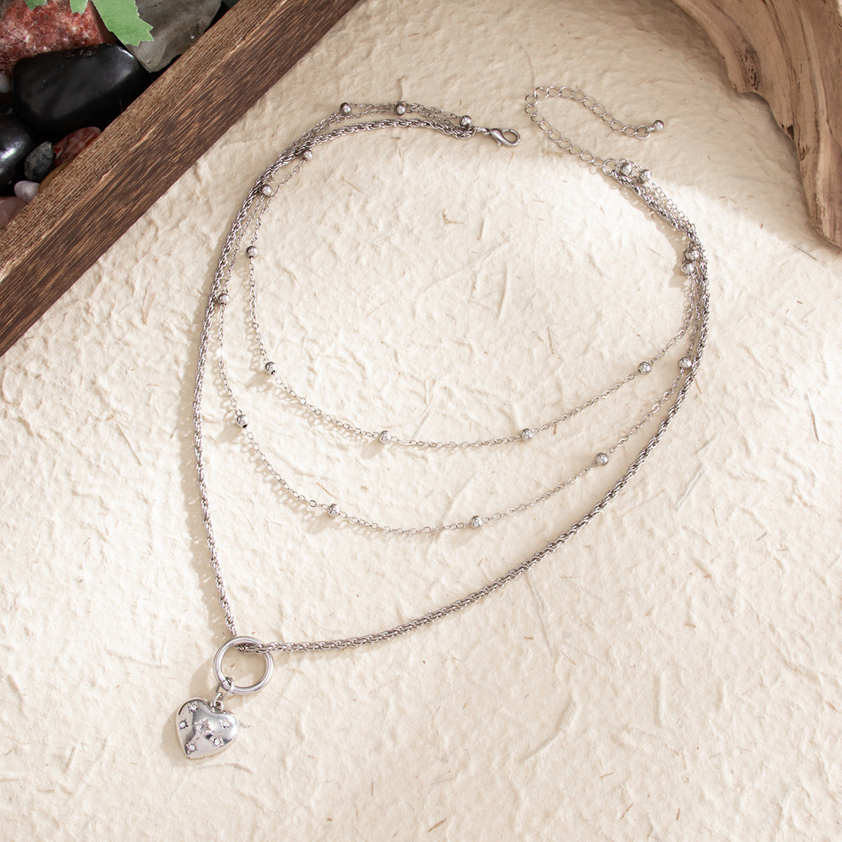 Sweet Rhinestone Inlaid Heart Zinc Alloy Pendant Necklace with Multi-layer Ball Chain for Women