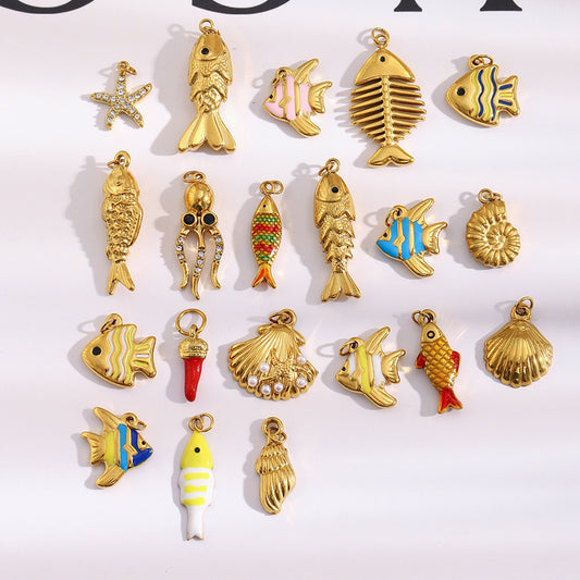 Fashion Minimalist Octopus Starfish Seahorse Pendant Necklace for Women Stainless Steel with 18K Gold Plating and Enamel Coloring