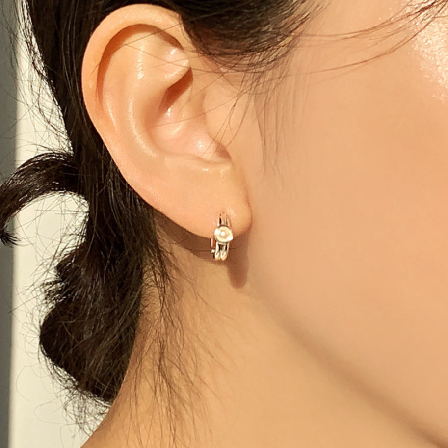 Minimalist Sweet 925 Sterling Silver Geometric Letter Pearl Stud Earrings Gold Plated