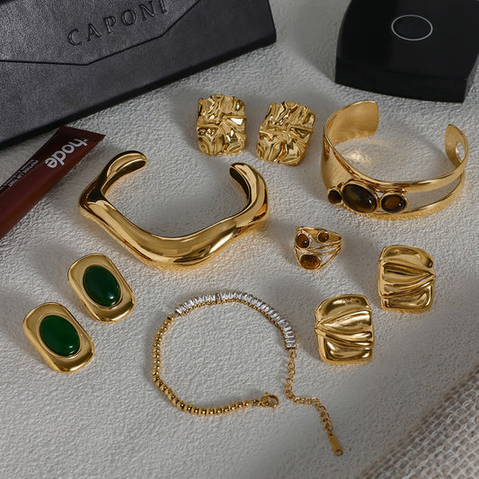 Set Bracciale e Orecchini in Acciaio al Titanio con Fantasia Cosmica alla Moda, con Accenti di Strass, Gioielli da Donna in Acciaio Inossidabile Placcato