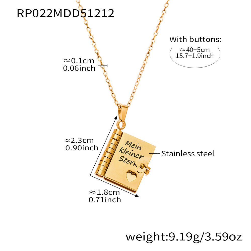 Minimalist 18K Gold Plated Geometric Book Pendant Stainless Steel Necklace for Women