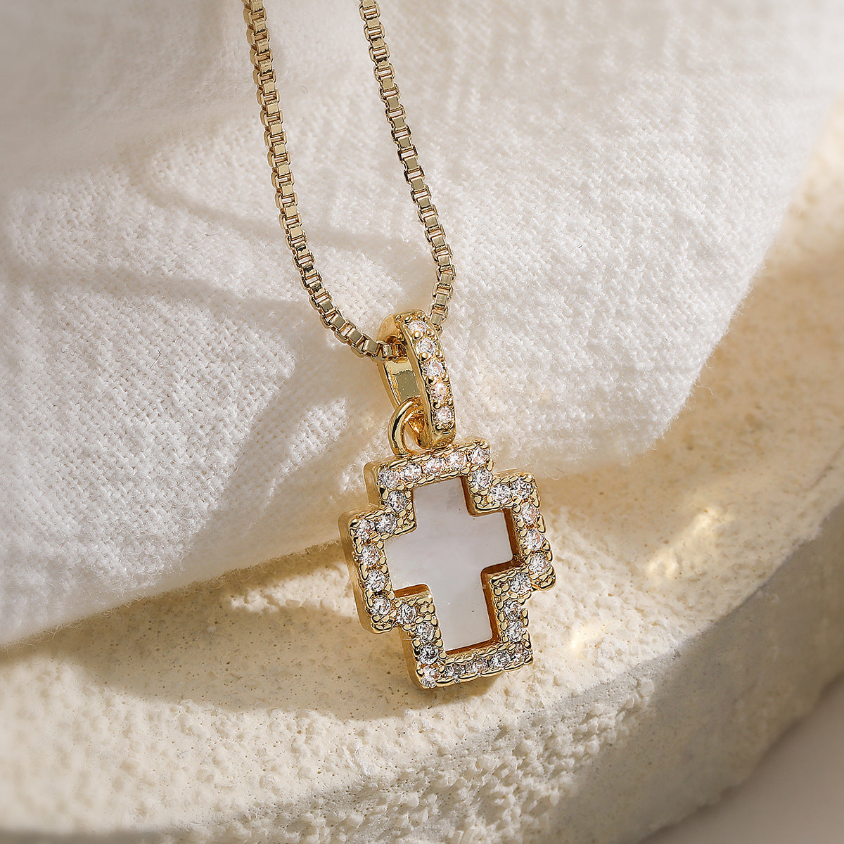 Minimalist 18K Gold Plated Brass Heart Cross Geometric Pendant with Cubic Zirconia Necklace