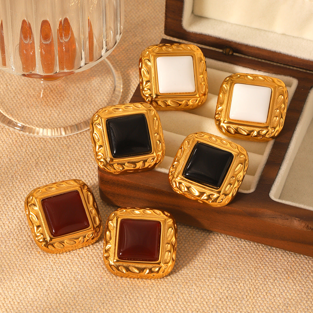 Retro French-Style Square Stainless Steel Hammered Texture Stud Earrings for Women with Agate Inlay, Hypoallergenic Plated Finish