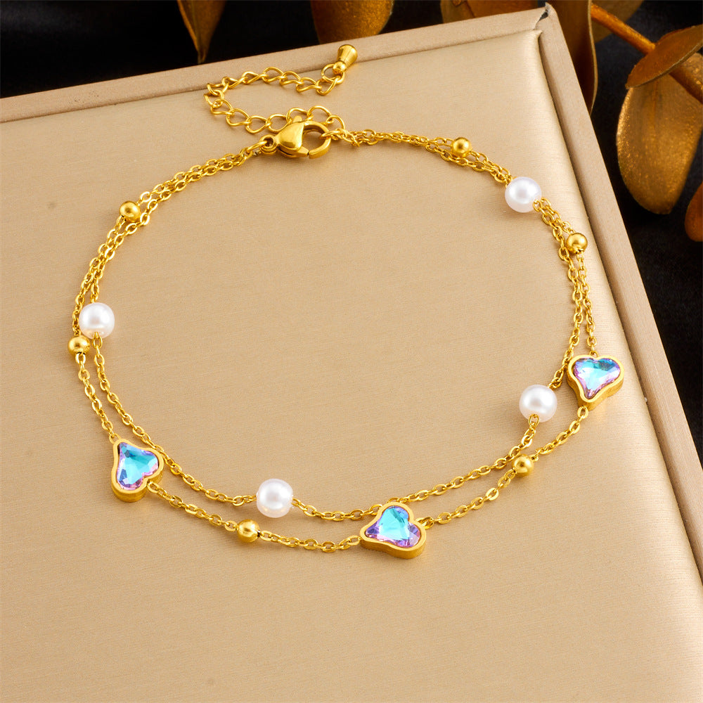 Minimalist Colorful Geometric Glass Rhinestone Butterfly Heart Stainless Steel Anklet