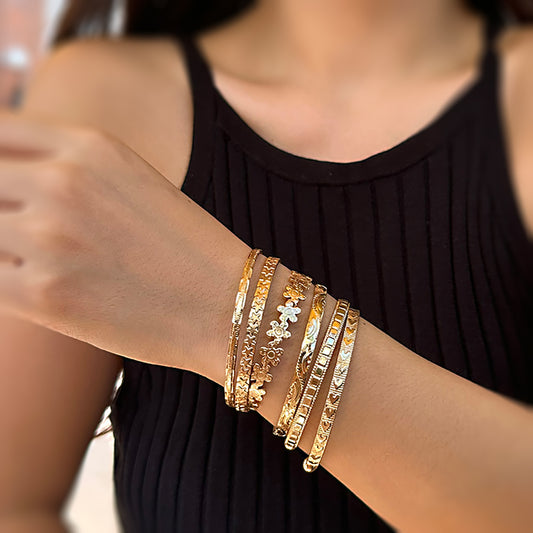 Chic Floral Engraved Metal Bracelet for Women with Plated Finish, Instagram Street Style Stackable Jewelry