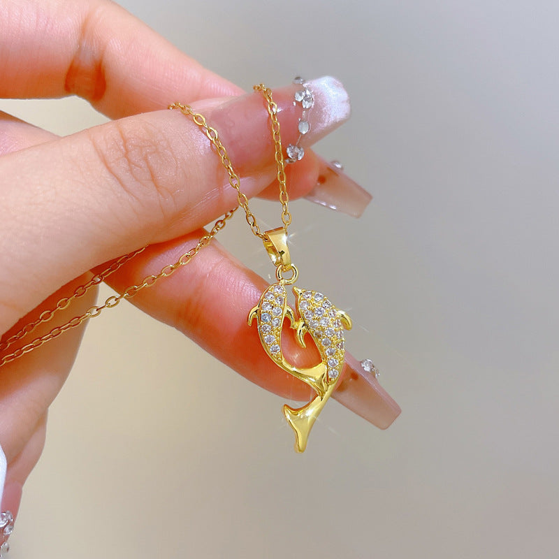 Sweet Minimalist Rhinestone Paved Dolphin Titanium Steel Necklace for Unisex