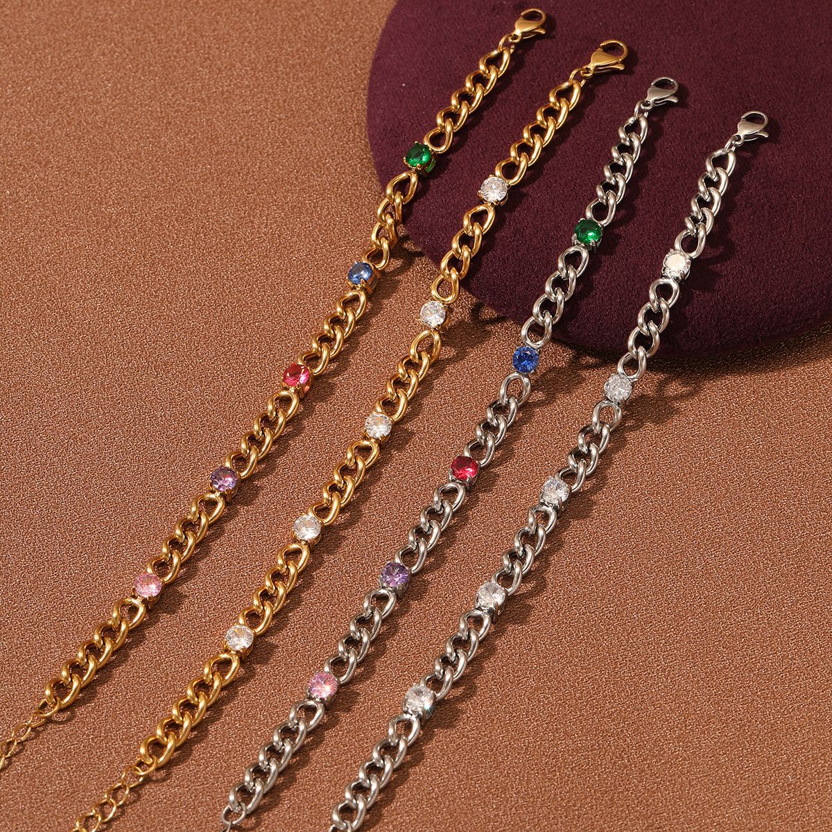 Fashionable Geometric Stainless Steel Bracelet for Women with 18K Gold Plating and Colorful Rhinestone Accents