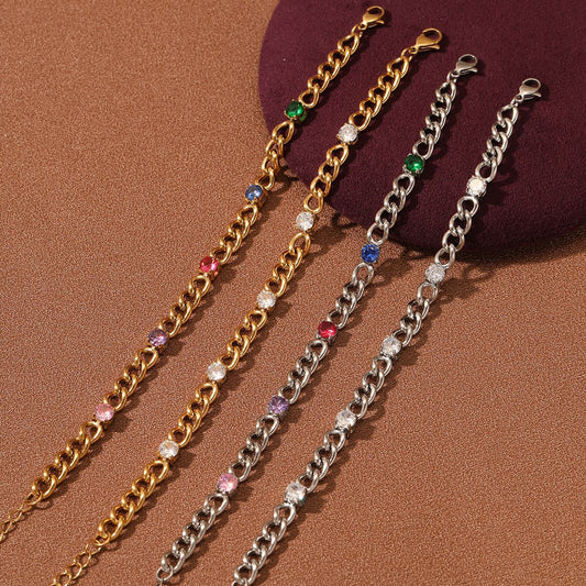 Pulsera de Acero Inoxidable Geométrica de Moda para Mujer con Baño de Oro de 18K y Detalles de Pedrería de Colores