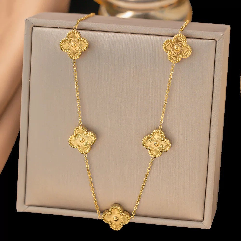 Gold Laser Four-Leaf Clover Titanium Steel Necklace