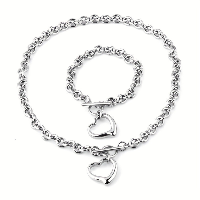 Minimalist Hollow Heart Titanium Steel Necklace with Polished Finish and Wavy Chain for Women