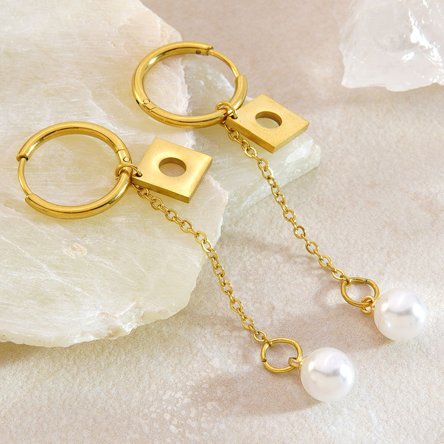 Orecchini pendenti da donna eleganti e dolci con perle, placcati in acciaio inossidabile, con forme geometriche e floreali
