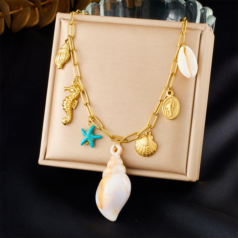 Sweet Stainless Steel Plated Animal Shell Turtle Seahorse Starfish Sun Pendant Necklace with Curb Chain for Women