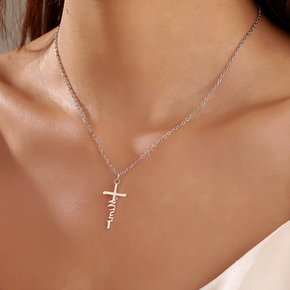 Sweet Streetwear Geometric Letter Cross Titanium Steel Necklace with Stainless Steel Pendant on Cable Chain for Women