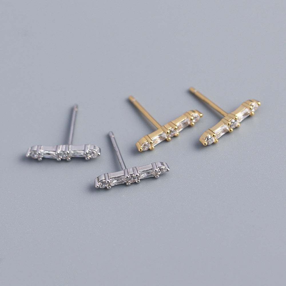 Elegant Business 925 Sterling Silver Geometric Rectangle Inlay Diamond Stud Earrings for Women