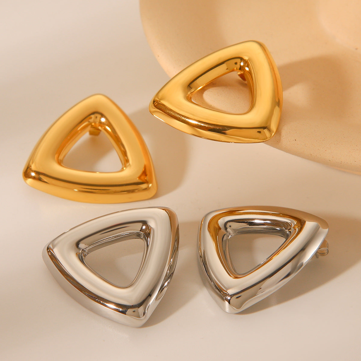 Geometric Triangle Stainless Steel Stud Earrings with 18K Gold Plating for Women