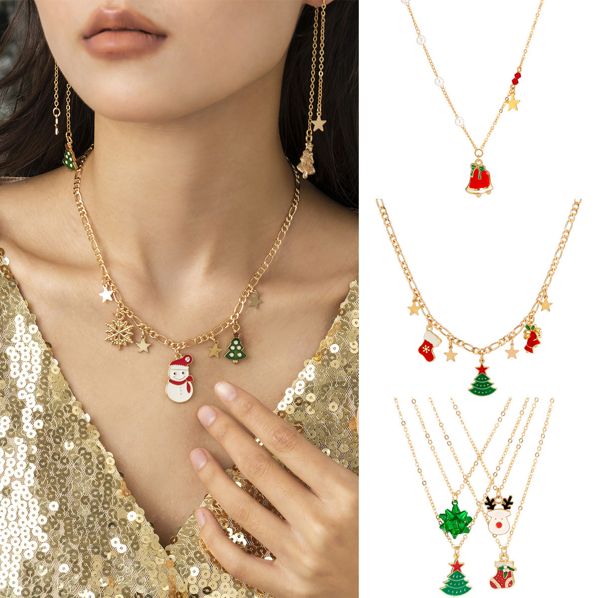 Minimalist Enamel Star Pendant Necklace for Women Alloy Geometric Christmas Tree Snowman Theme
