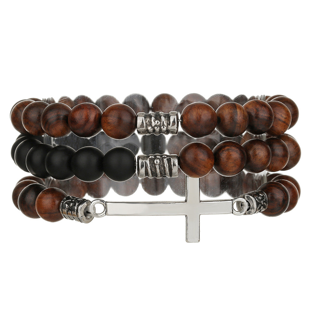 Vintage Bohemian Round Cross Wood Beaded Bracelet Ethnic Unisex Multi-layer Set