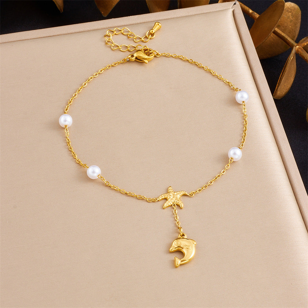 Double Layer Stainless Steel Anklet with Rhinestone Cherry Starfish Flower and Star Moon Charms for Women