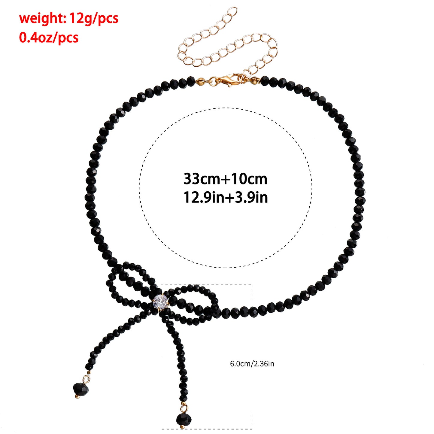 Fashion Minimalist Bow-Shaped Choker Necklace with Black Crystal Beads and Alloy Pendant on Plated Chain