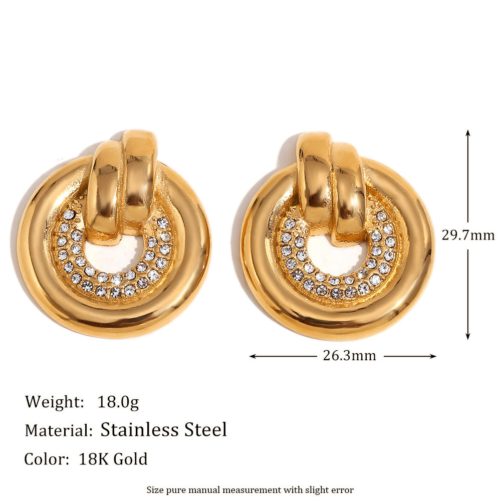 Vintage Elegant 18K Gold Plated Stainless Steel Round Geometric Rhinestone Stud Earrings for Women