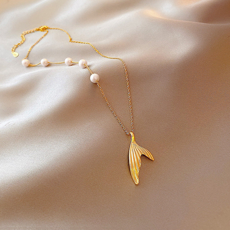 Minimalist Fish Tail Pearl Necklace in Alloy with Plated Finish, Long Layering Snake Chain for Women and Men
