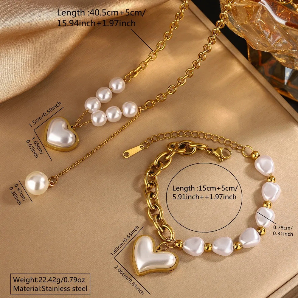 Luxury 18K Gold Plated Stainless Steel Heart Pendant Necklace and Bracelet Set with Resin Pearl for Women
