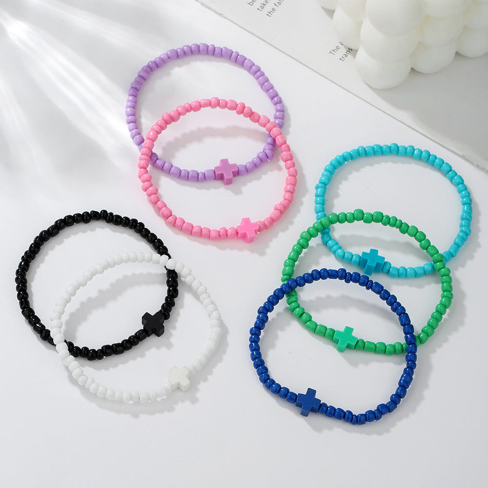 Minimalist Colorful Seed Bead Polymer Clay Cross Bracelet Handmade Multi-Layer Stackable