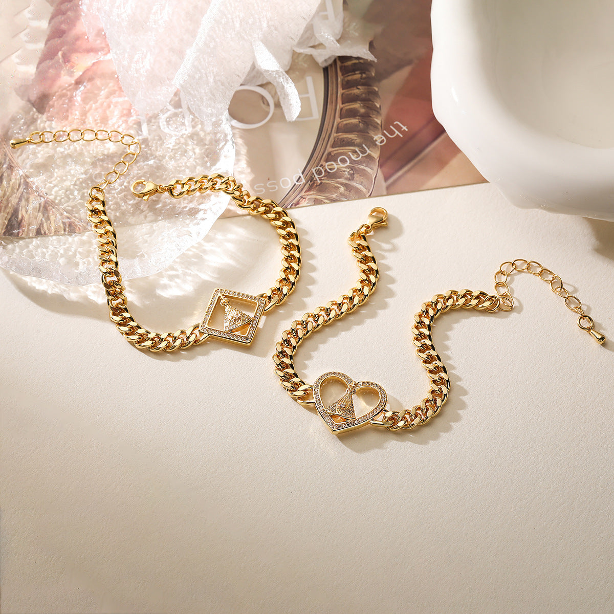 Bracciale geometrico in rame da donna placcato oro con intarsio in zircone stile catena cubana hip-hop