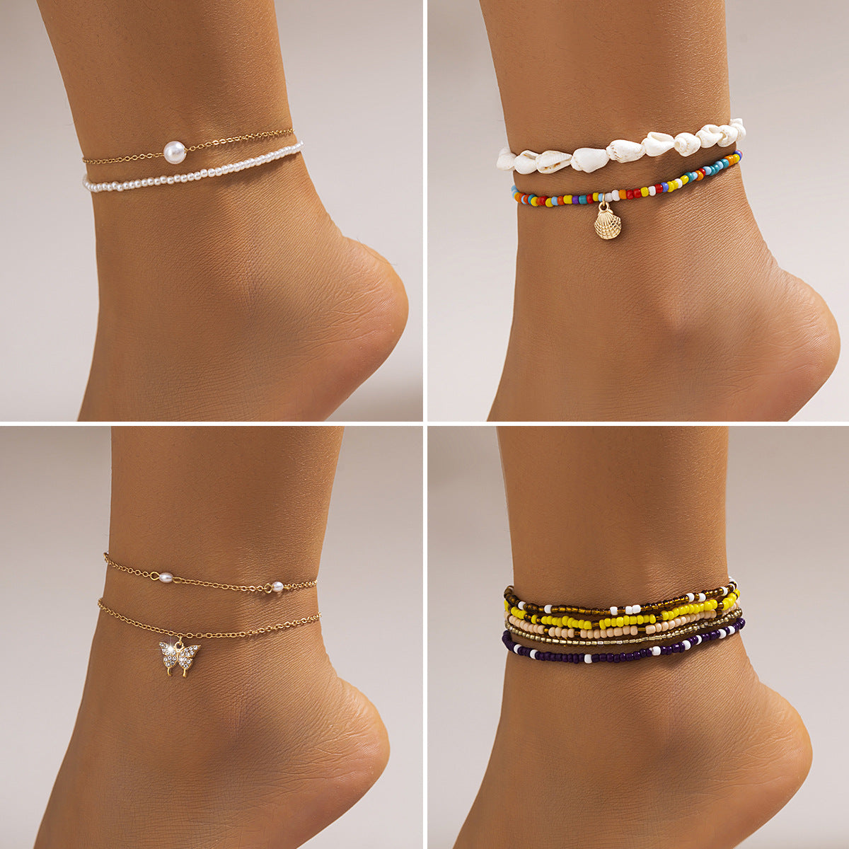 Ethnic Style Geometric Anklet with Alloy-Inlaid Artificial Gemstones and Pearl-Like Beads for Women