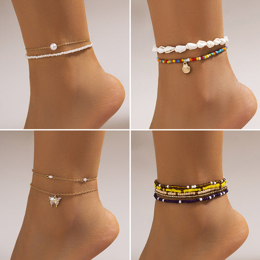 Cavigliera da donna stile etnico geometrico con gemme artificiali intarsiate in lega e perline effetto perla