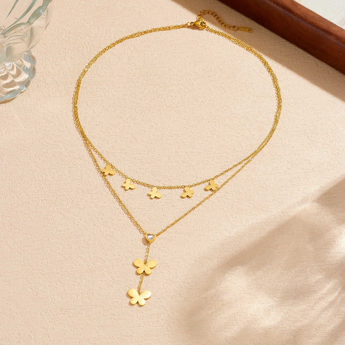 Gold Plated Rhinestone Butterfly Stainless Steel Layered Necklace with Tassel