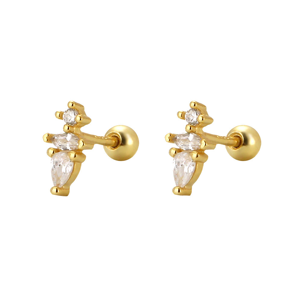 Sweet and Edgy Water-Drop-Shaped S925 Sterling Silver Threaded Cartilage Earrings with Rhinestone Inlay for Women