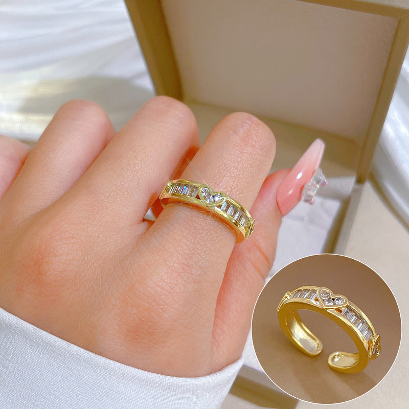 Geometric Rhinestone Ring for Women Plated Brass Minimalist Open Band