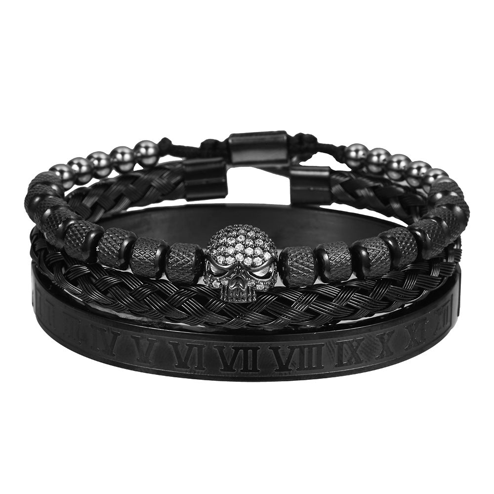 Geometric Roman Letter Crown Woven Titanium Steel C-Shape Open Bangle Bracelet Set for Women