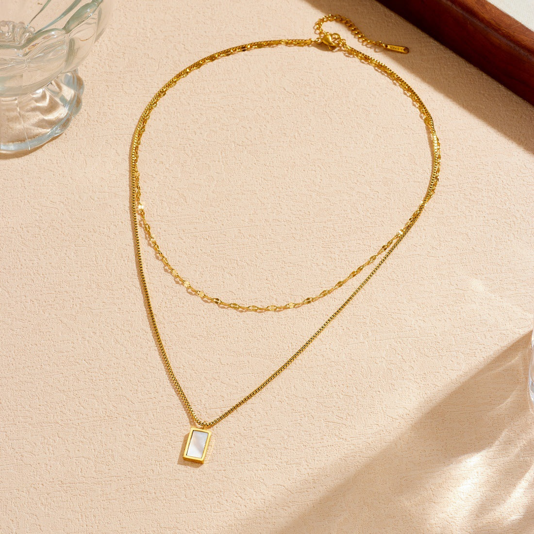 Minimalist Elegant Gold Plated Stainless Steel Double Layer Square Pendant Necklace for Women