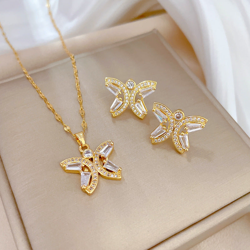 Luxury Titanium Steel Butterfly Pendant Necklace and Earrings Set with Hollow-Out Design for Women Formal Events