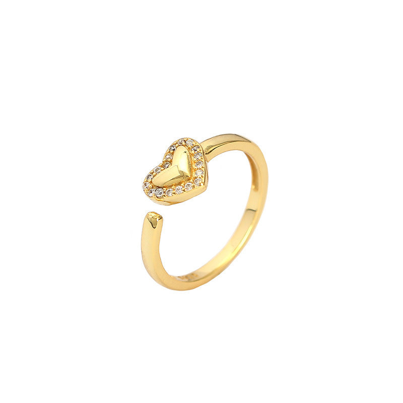 Sweet Heart-Shaped S925 Sterling Silver Adjustable Ring with Rhinestone Inlay for Women