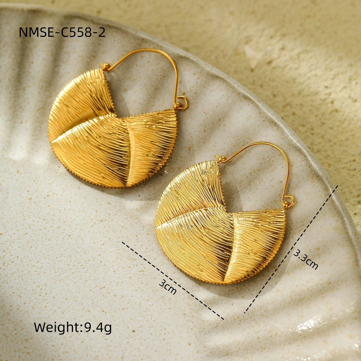 Pendientes de moda de oro chapado en acero inoxidable geométricos vintage con diseño plisado texturizado para mujer