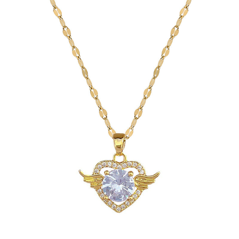 Luxury Titanium Steel Heart Wing Pendant Necklace and Earrings Set with Micro-Pavé Detail for Women Formal Events