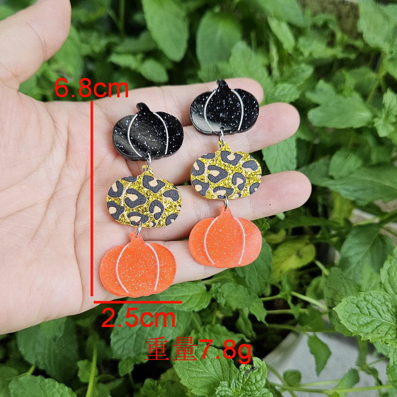 Pendientes acrílicos de calabaza con estampado de leopardo a cuadros blancos y negros para mujer para Halloween, Pascua, otoño
