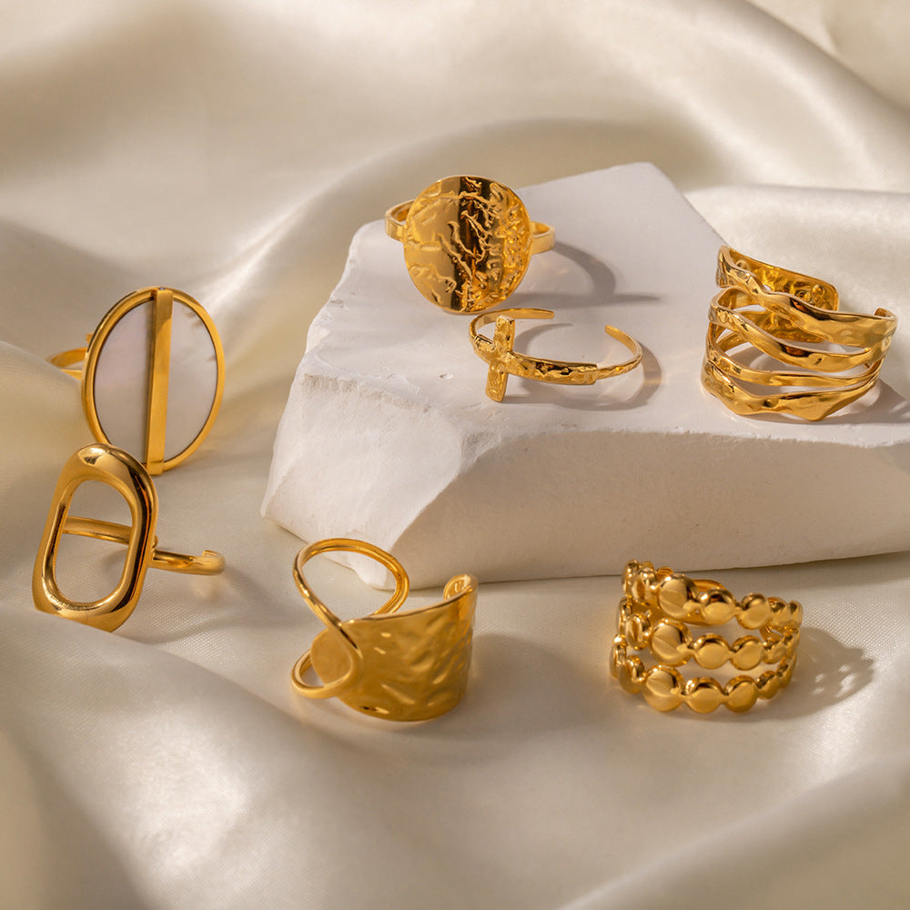 Anello regolabile in acciaio al titanio con motivo geometrico stile vintage francese e intarsio di gemme per donna