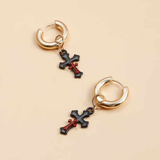 Pendientes de aro góticos vintage con forma de cruz para mujer en aleación con acabado galvanizado
